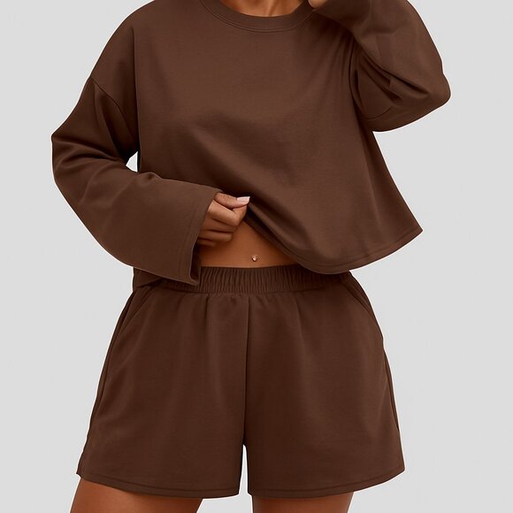 Fashion Brown 2-Piece Matching Set | Crop Sweatshirt & Shorts Pajamas Small NWT - Picture 1 of 5